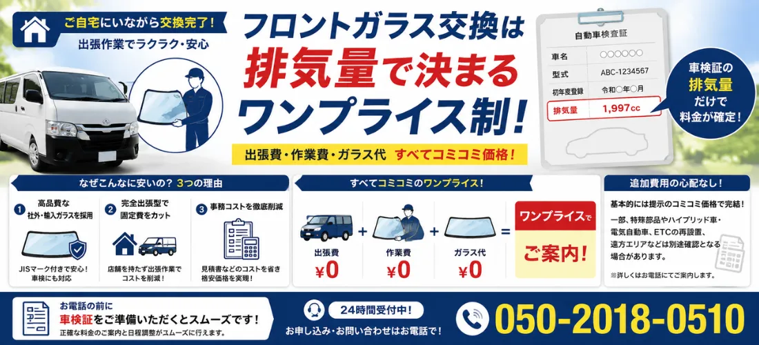 フロントガラス交換 排気量で決まるワンプライス料金
