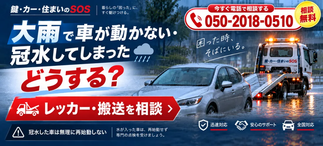 大雨・冠水で車が動かないときのレッカー・ロードサービス